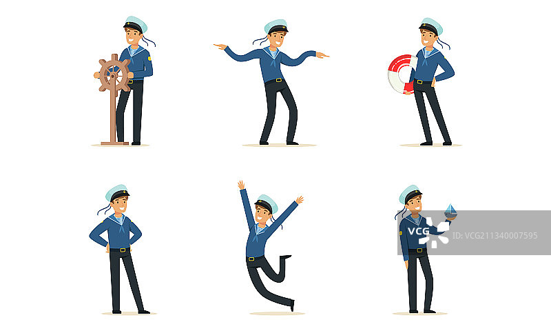 身穿条纹背心的水手或海员在船上工作图片素材