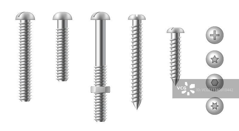 逼真的一组不锈钢螺栓、钉子图片素材