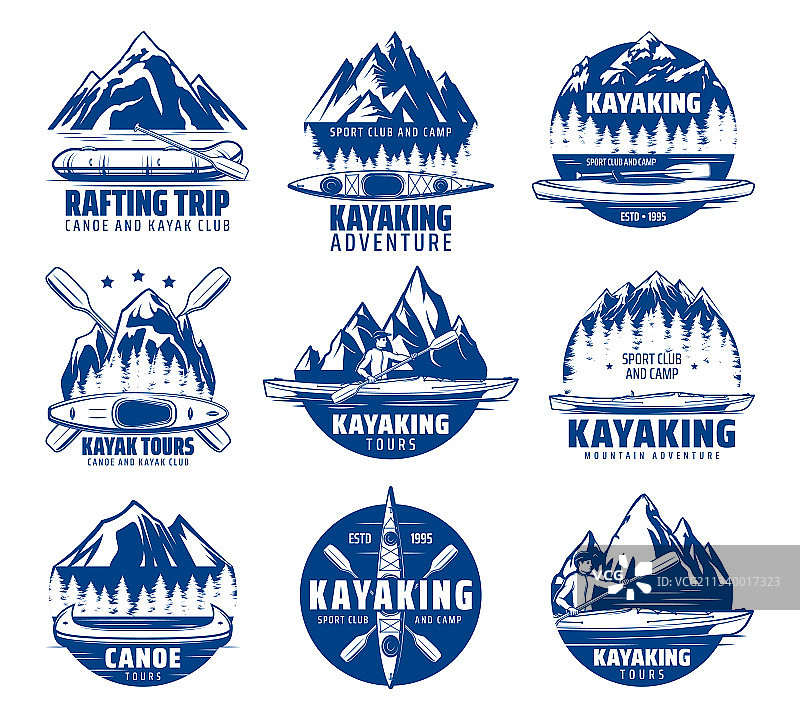 皮划艇、漂流和划独木舟运动图标图片素材