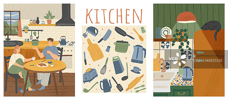 卡通手绘家庭厨房海报图片素材