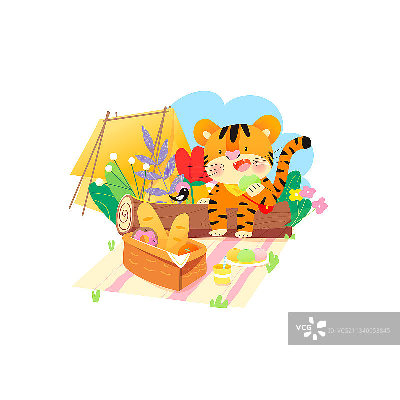 虎年可爱的小老虎坐在户外野餐矢量插画海报图片素材