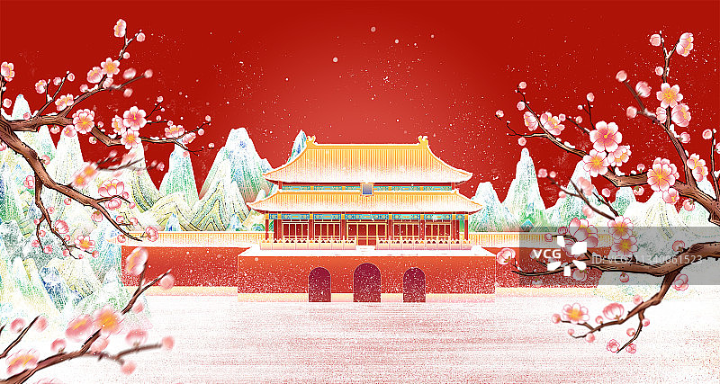冬天故宫下雪雪景国潮插画图片素材