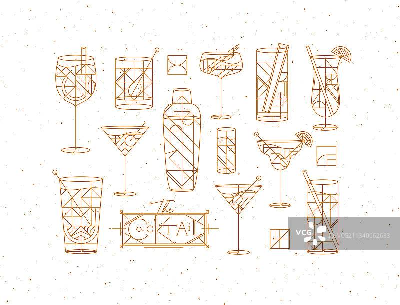 装饰艺术风格鸡尾酒图案金色合集图片素材
