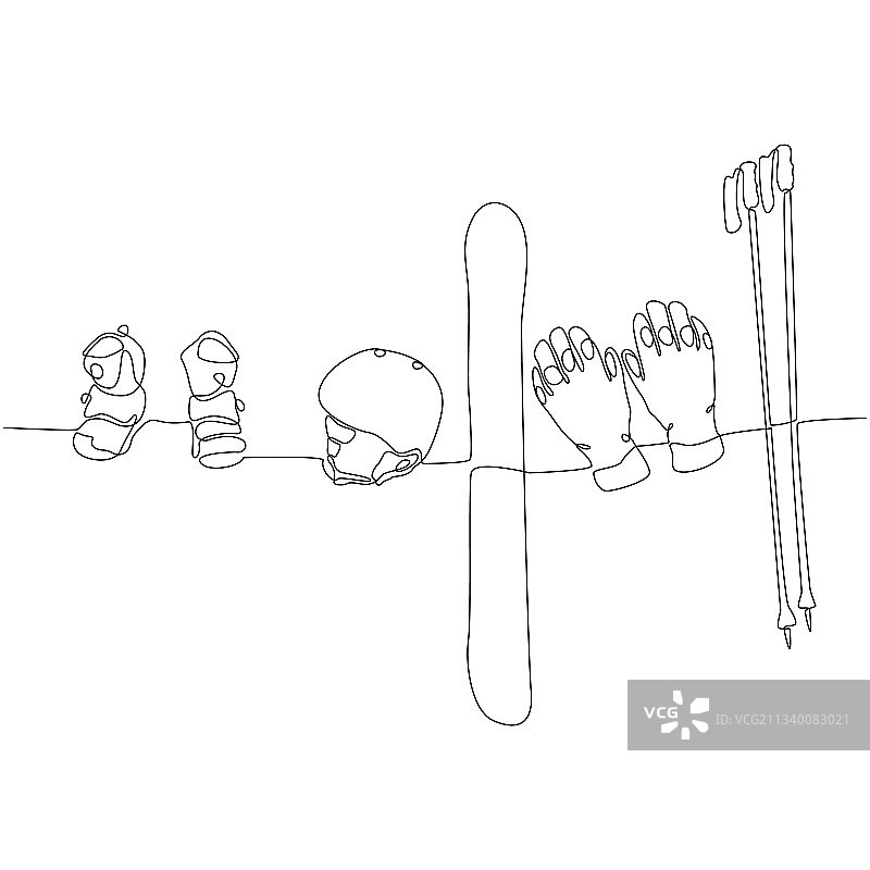 滑雪装备连续线条画图片素材