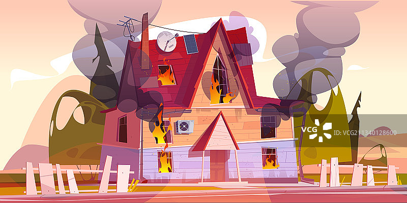 着火的房子冒着火焰和黑烟图片素材