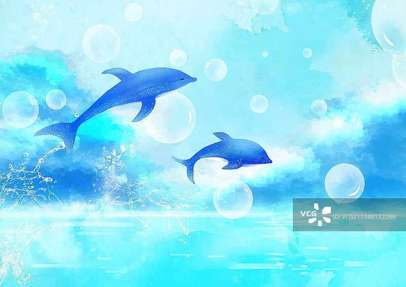 唯美治愈插画蓝色梦幻海洋里的海豚图片素材