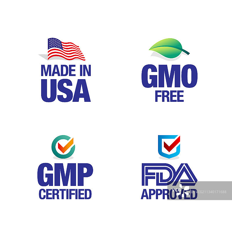 美国制造的四个产品标志：非转基因、良好生产规范、美国食品药品监督管理局图片素材