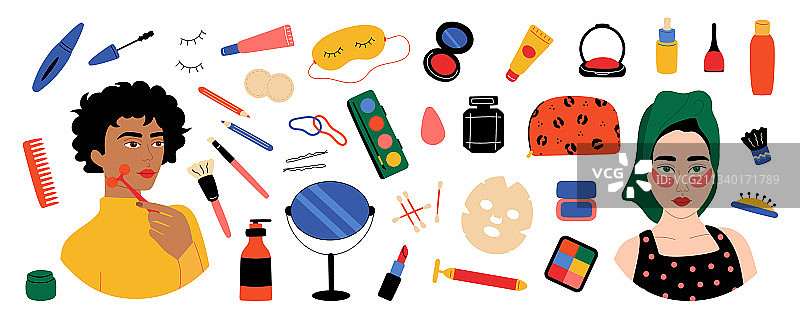 面部肌肤的可爱女性化妆套装图片素材