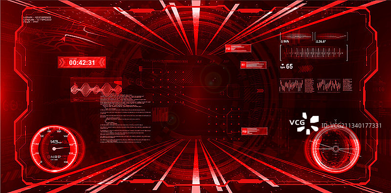 带有HUD界面和虚拟现实的红色VR驾驶舱图片素材