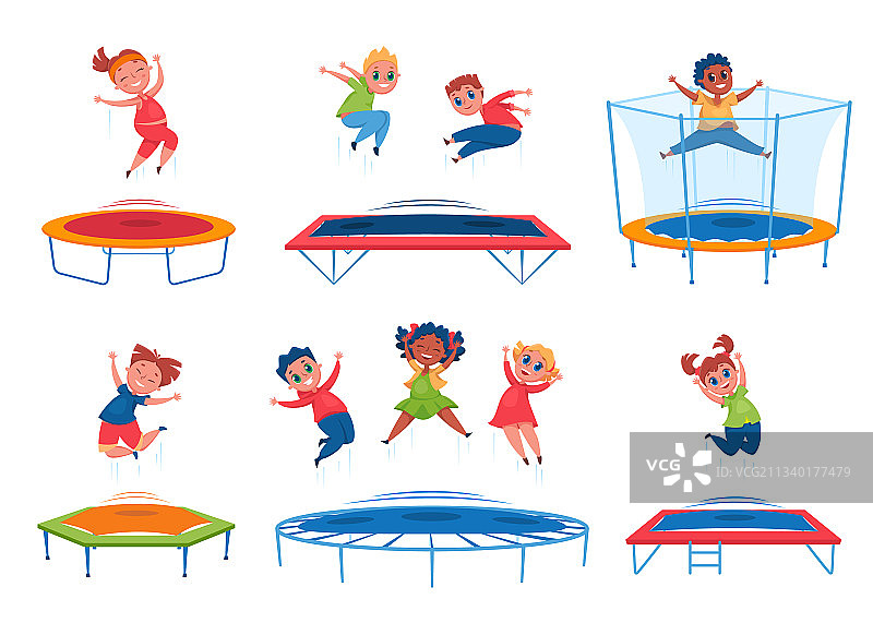 孩子们在蹦床上跳跃，快乐的男孩女孩图片素材