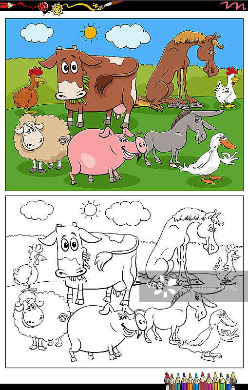 卡通农场动物填色书图片素材