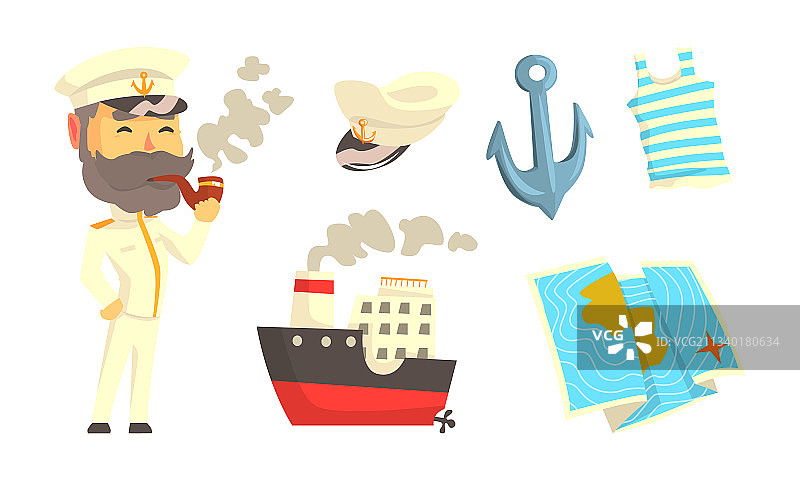 抽着烟斗，手持船锚的络腮胡水手图片素材