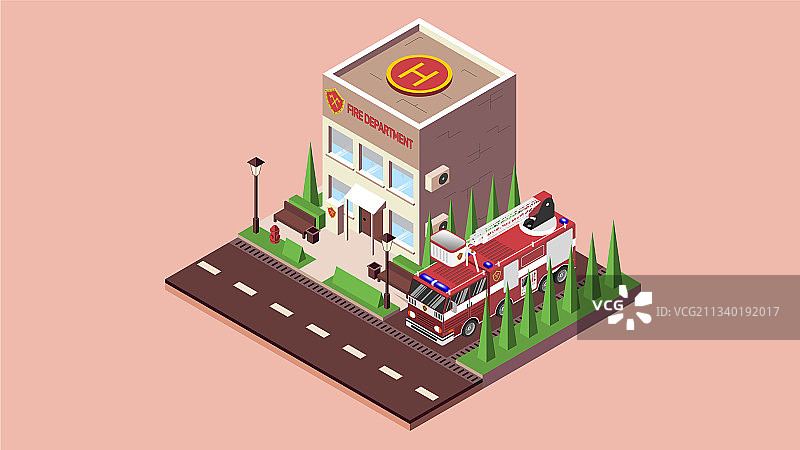 停着消防车的消防站城市景观图片素材
