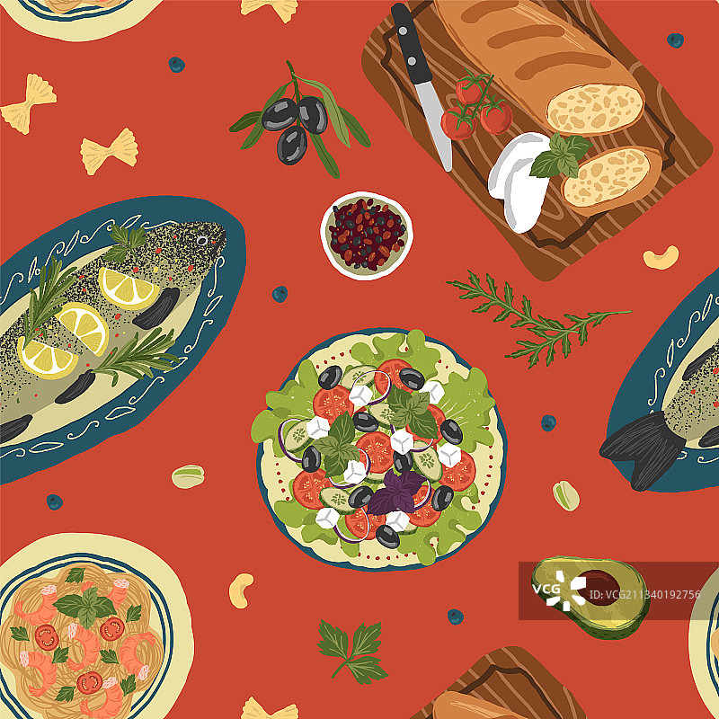 俯视地中海美食餐桌无缝背景图片素材