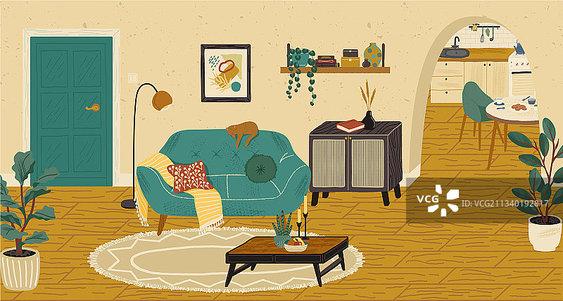 手绘客厅内景图片素材