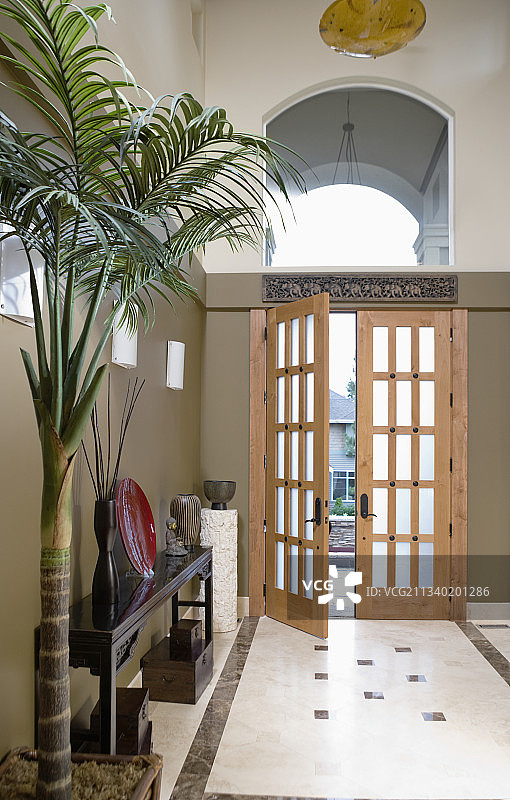 通往带盆栽植物和控制台的走廊的打开的门图片素材