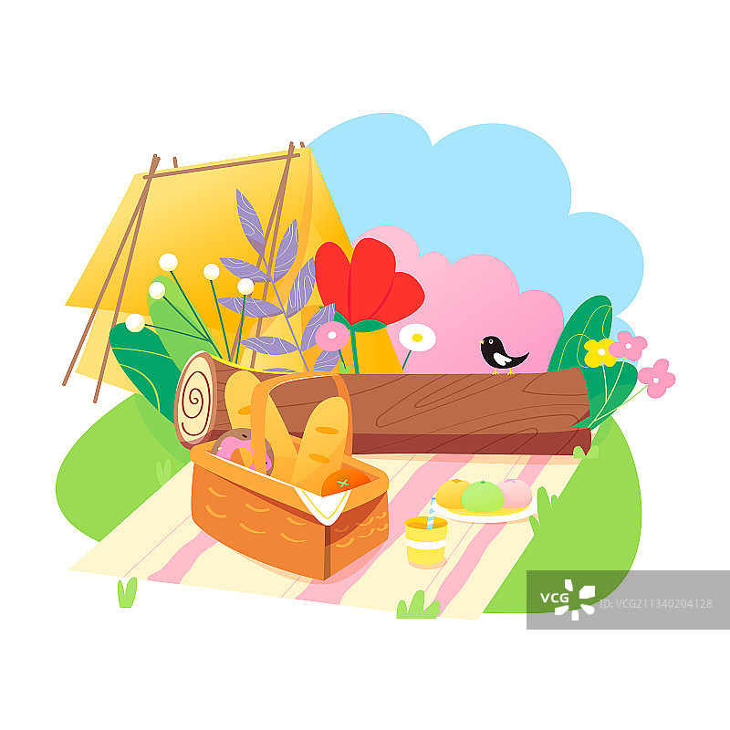 野外野餐帐篷植物矢量卡通插画海报背景元素图片素材