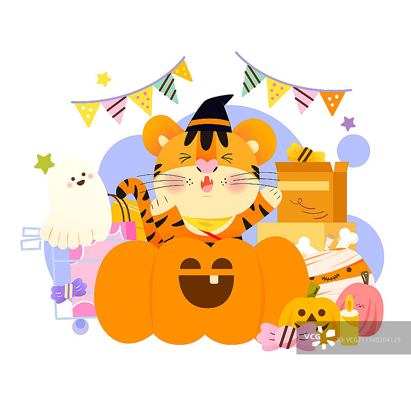虎年可爱卡通小老虎万圣节购物矢量插画海报图片素材