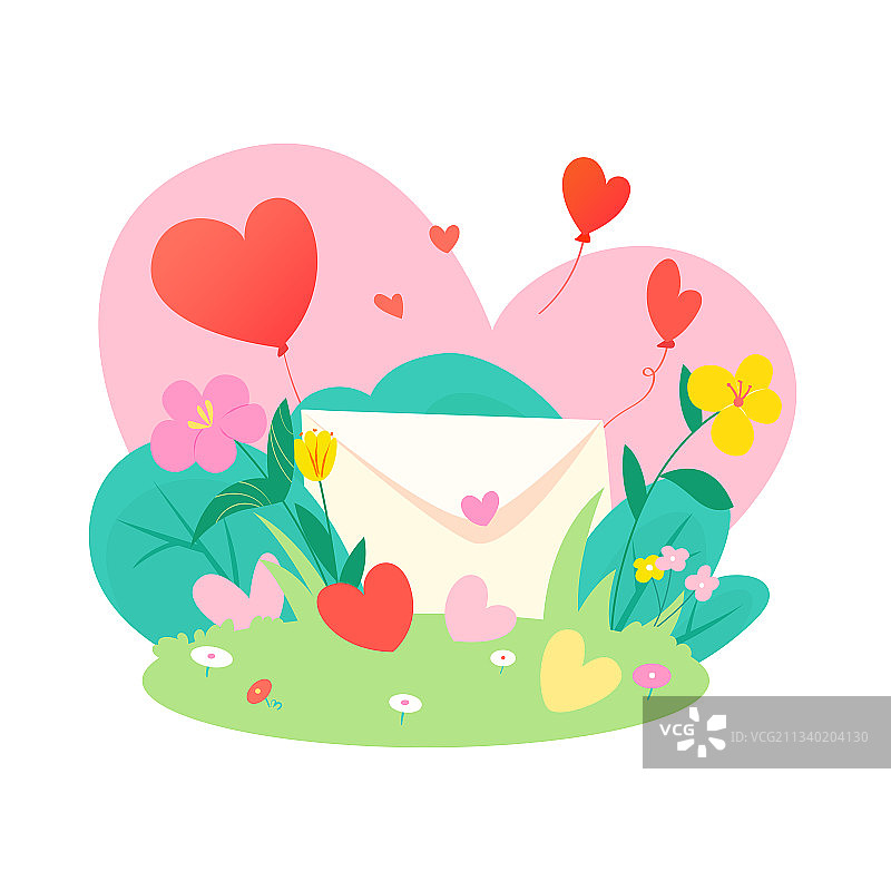 草坪花丛爱心信封清新矢量插画背景元素图片素材