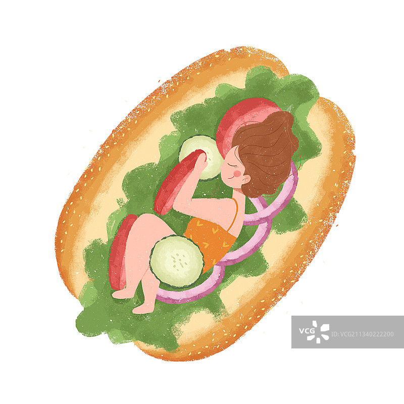女孩在三明治面包上睡觉图片素材