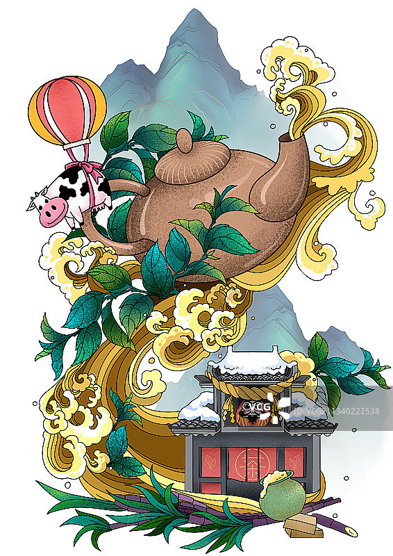 日式绿茶牛奶茶壶绿色环保好茶好水可爱插画 水墨山水图片素材