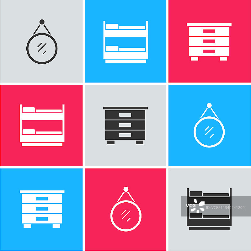 镜子双层床和家具床头柜图标组合图片素材