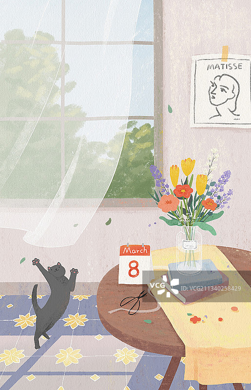 黑猫室内花瓶妇女节图片素材