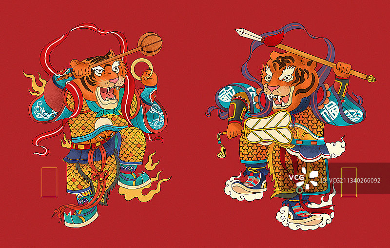 国潮风2022年虎年新春除夕节日新年国风老虎门神镇宅插画图片素材