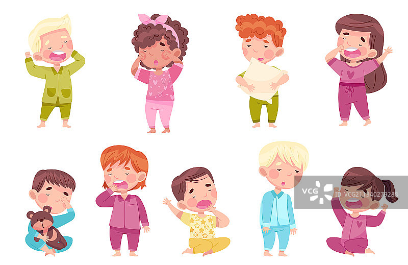 穿着睡衣昏昏欲睡的小男孩和女孩图片素材