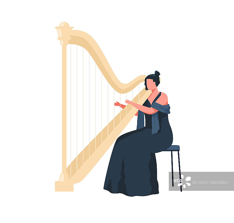 穿连衣裙的女性音乐家弹奏竖琴图片素材