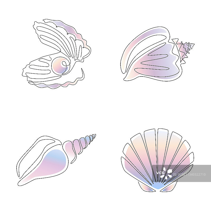 一组海螺、牡蛎和珍珠的线条素材图片素材