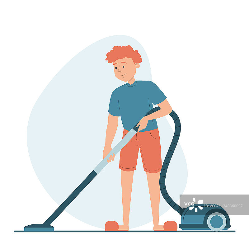 男人在家中吸尘清洁地板图片素材