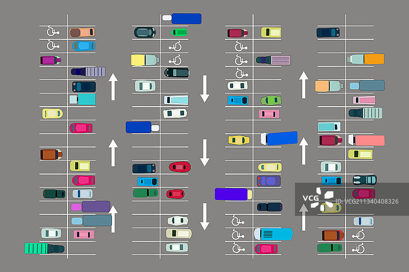 停车场顶视图，停车区域内有多辆汽车图片素材