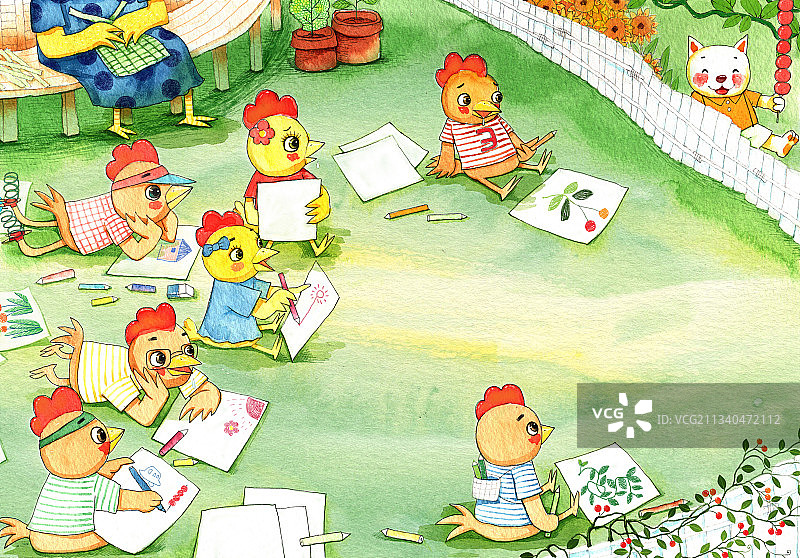 水彩绘本插画系列-在院子你写字画画的小鸡图片素材
