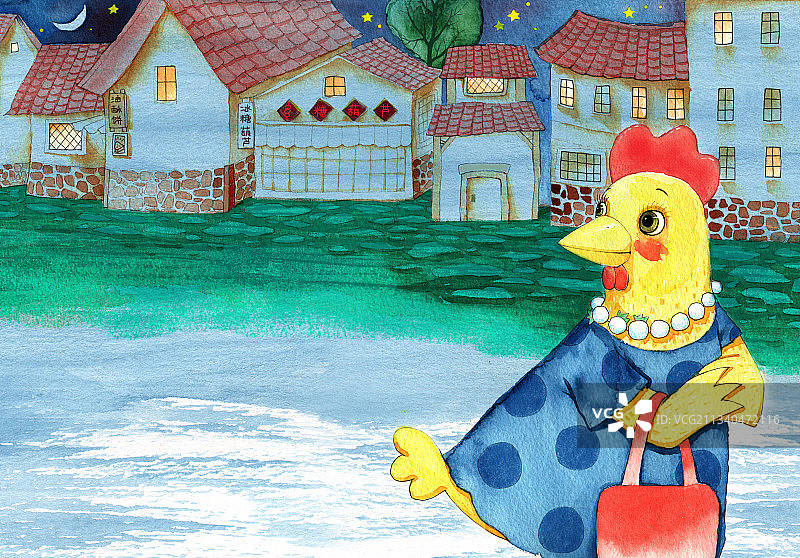 水彩绘本插画系列-下班回家的鸡妈妈图片素材