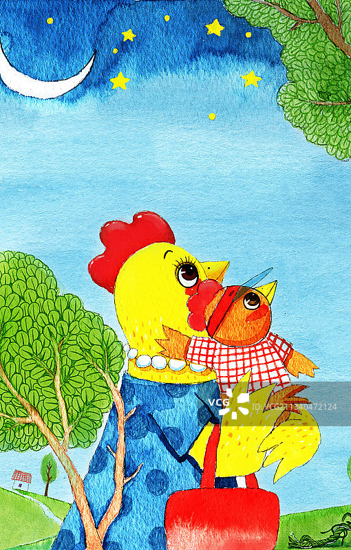 水彩绘本插画系列-抱着小鸡的鸡妈妈图片素材