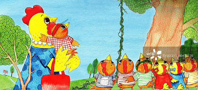 水彩绘本插画系列-一只母鸡和一群小鸡图片素材