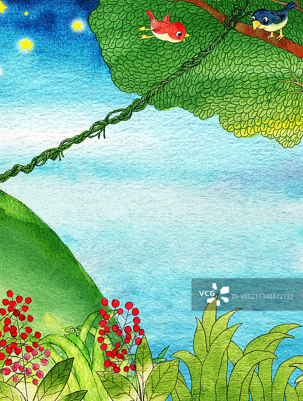 水彩绘本插画系列-两只小鸟图片素材