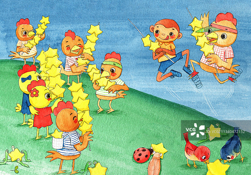 水彩绘本插画系列-小猴小鸡抱着星星串挑了起来图片素材