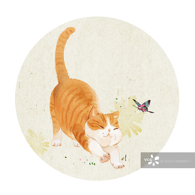 小猫伸懒腰水水彩插画图片素材