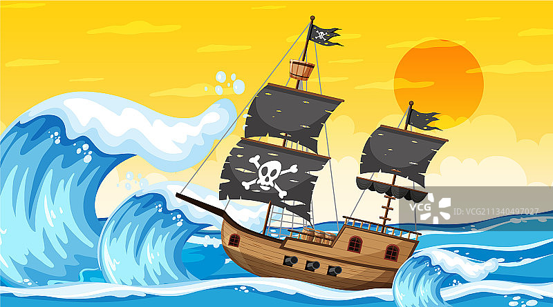 日落时分的海洋海盗船场景图片素材