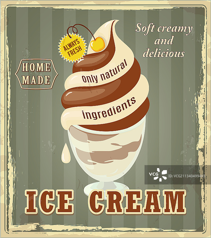 绿色复古背景上的黄色樱桃冰淇淋图片素材