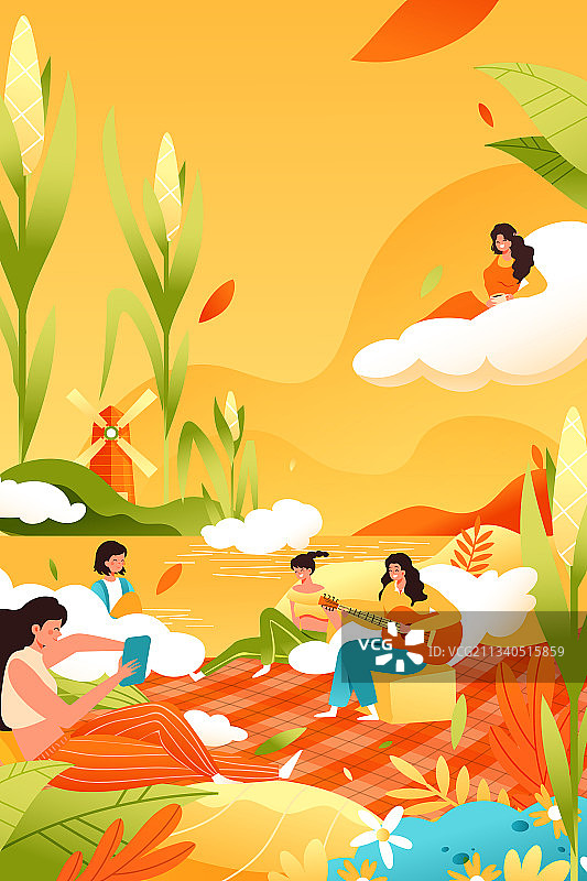 卡通秋季美食青年学生立秋二十四节气秋分亲子中国风国潮矢量插画图片素材