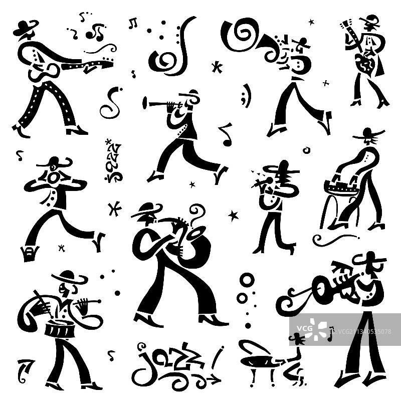 爵士乐队音乐家涂鸦符号集图片素材