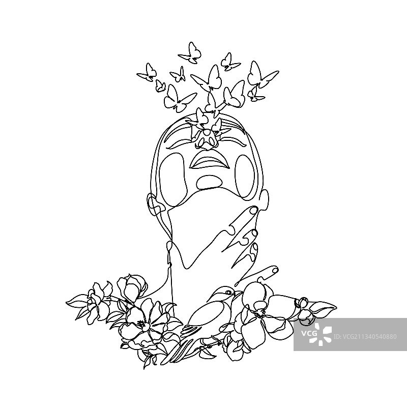 带蝴蝶的女性面部单线绘画图片素材