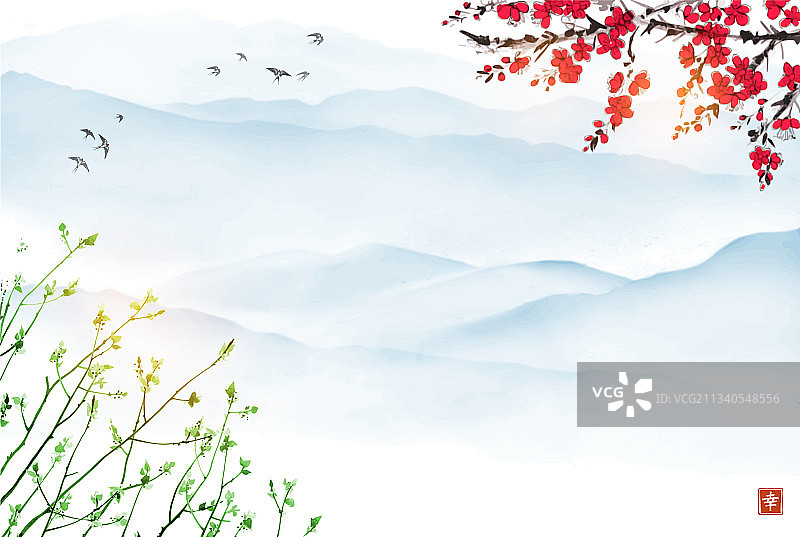 东方风格的樱花树风景图片素材