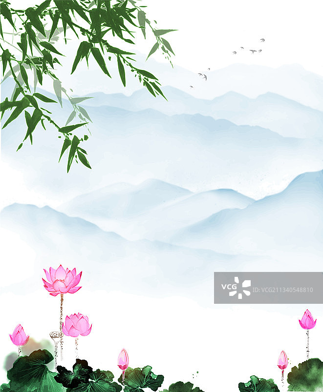中式荷花蓝色山水画图片素材