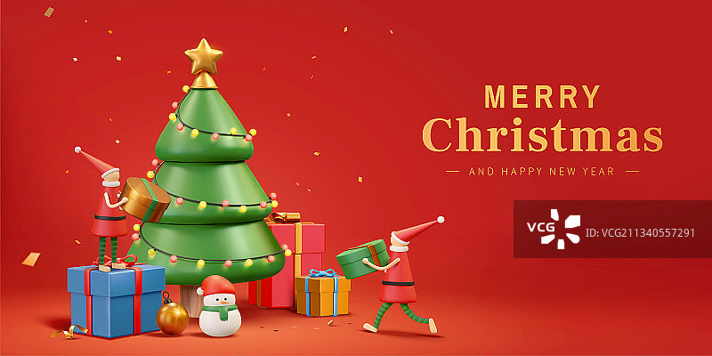 圣诞节三维渲染红色横幅图片素材