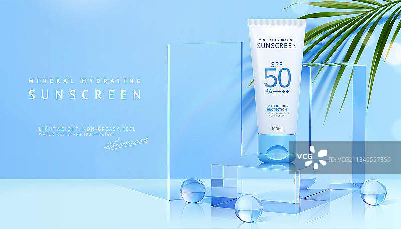 夏日清爽防晒广告 透明玻璃展台背景图片素材