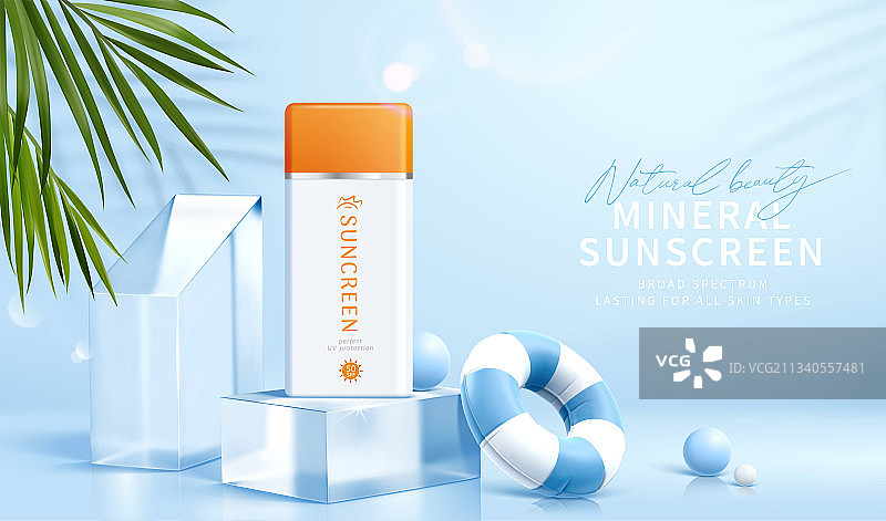 夏日防晒透明玻璃展台广告 泳圈棕榈叶素材图片素材